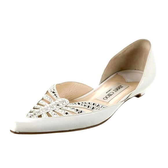 Jimmy Choo Crystal Flats Sz 6 Rhinestone White Leather Sparkle Wedding Shoes EUC - Picture 1 of 6